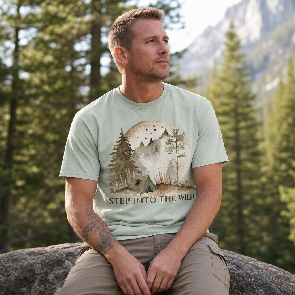 Man wearing bay Comfort Colors 1717 t-shirt with watercolor camping and misty forest design, mountains and pine trees in outdoor wilderness setting, by Crossroads Dandelion