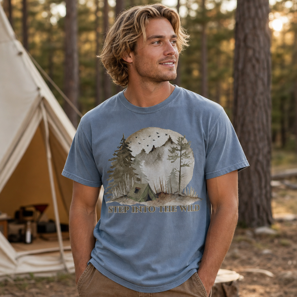Man wearing a blue jean Comfort Colors 1717 t-shirt with a watercolor camping scene featuring a green tent, pine trees, misty mountains, birds, and a full moon, outdoors at a campsite, by Crossroads Dandelion

