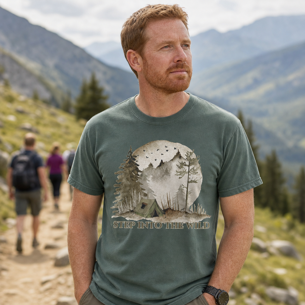 Man in blue spruce Comfort Colors 1717 t-shirt with watercolor camping design featuring green tent, misty forest, full moon, and flying birds, hiking on a mountain trail, by Crossroads Dandelion