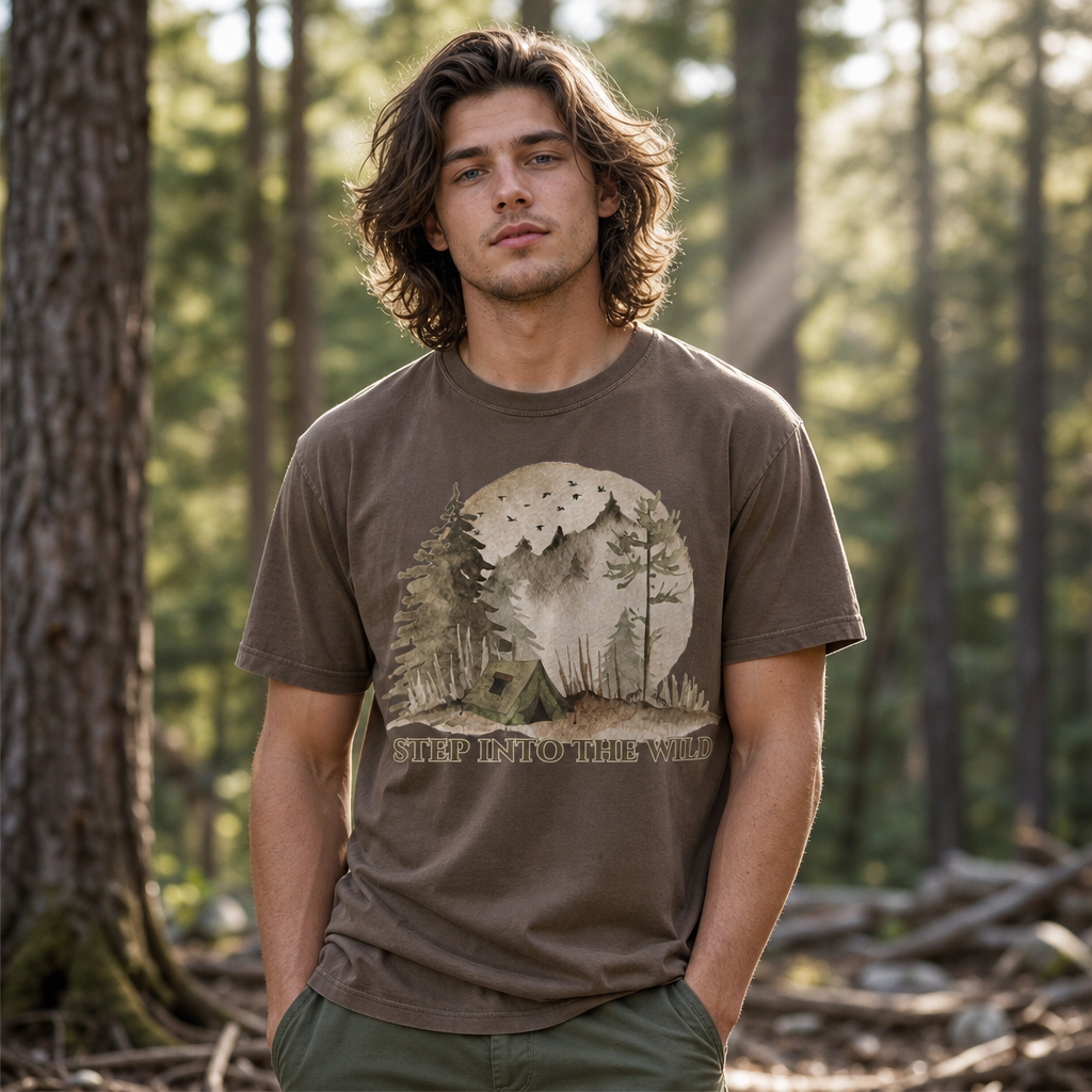 Man wearing espresso Comfort Colors 1717 t-shirt with watercolor camping design featuring a green tent, misty trees, full moon, and flying birds; photographed in a sunlit forest setting, by Crossroads Dandelion