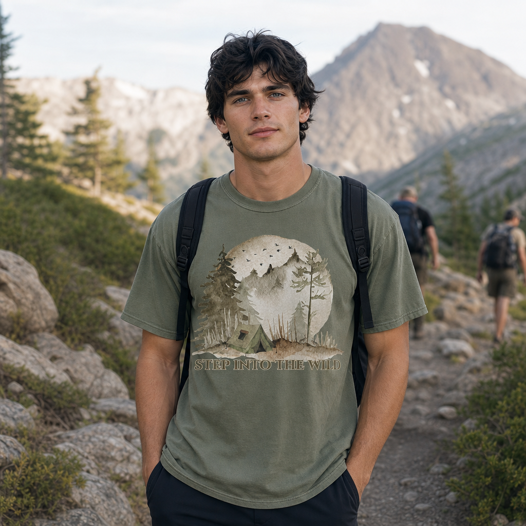 Man wearing moss green Comfort Colors 1717 t-shirt featuring a watercolor camping design with a tent, misty forest, full moon, and flying birds, hiking on a mountain trail, by Crossroads Dandelion
