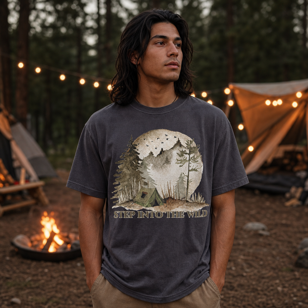 Man wearing a pepper Comfort Colors 1717 t-shirt with a watercolor camping design featuring a green tent, misty forest, full moon, and flying birds, standing by a campfire in a wooded outdoor campsite, by Crossroads Dandelion
