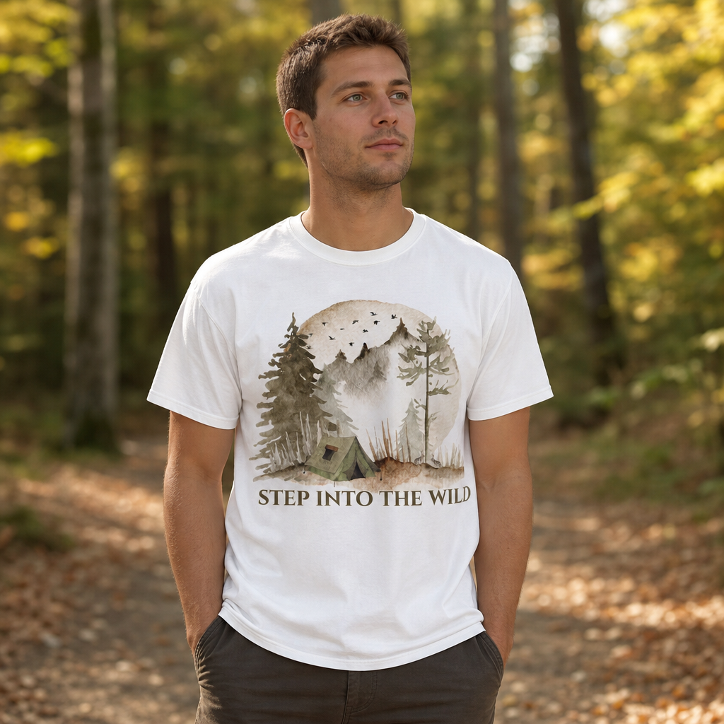 Man wearing a white Comfort Colors 1717 t-shirt with a watercolor camping design featuring a green tent, trees, misty forest, full moon, and birds, standing on a wooded trail in nature, by Crossroads Dandelion