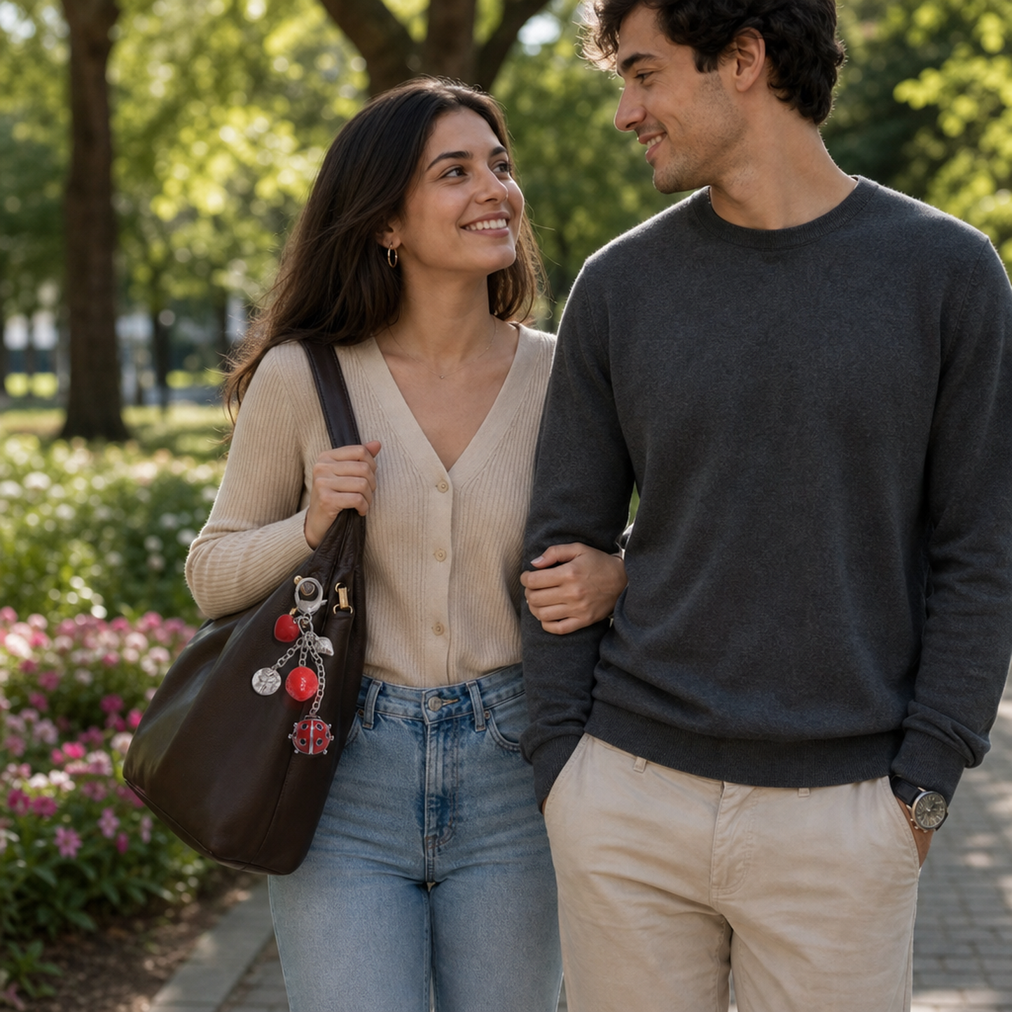 Woman in her late 20s wearing a cream cardigan and casual jeans, carrying a bag adorned with a minimalist boho keychain charm, walking outdoors in a blooming park, stylish lifestyle scene, product aimed at women who love chic accessories, by Crossroads Dandelion