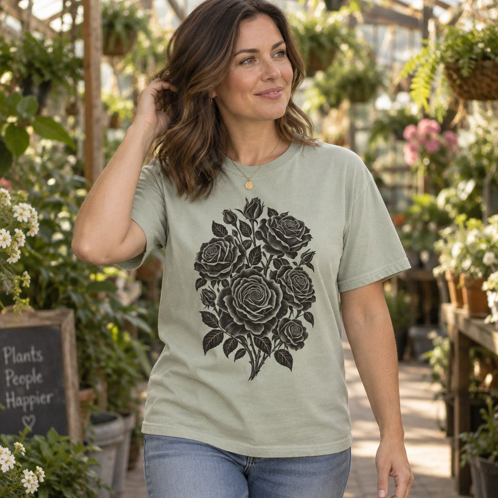 Woman in bay green Comfort Colors® t-shirt featuring a bold black papercut stencil rose bouquet design, minimalist floral style, surrounded by greenhouse plants, perfect for gardeners and flower lovers, by Crossroads Dandelion