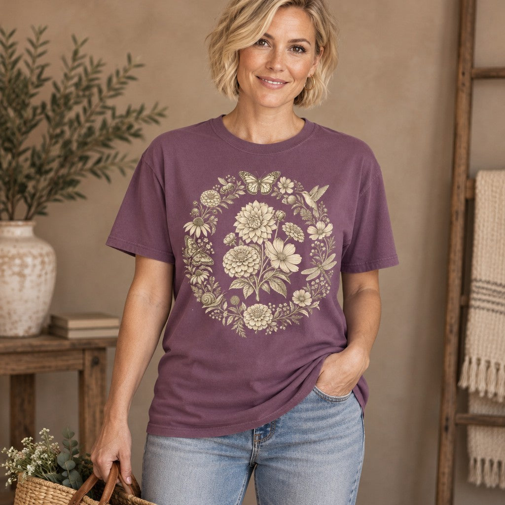 Woman in berry Comfort Colors® t-shirt featuring a sepia vintage botanical wreath of dahlias, zinnias, daisies, butterflies, bee, hummingbird, dragonfly, snail, and moth in antique line art style, for gardeners and cottagecore botanical lovers, cozy living room scene, by Crossroads Dandelion