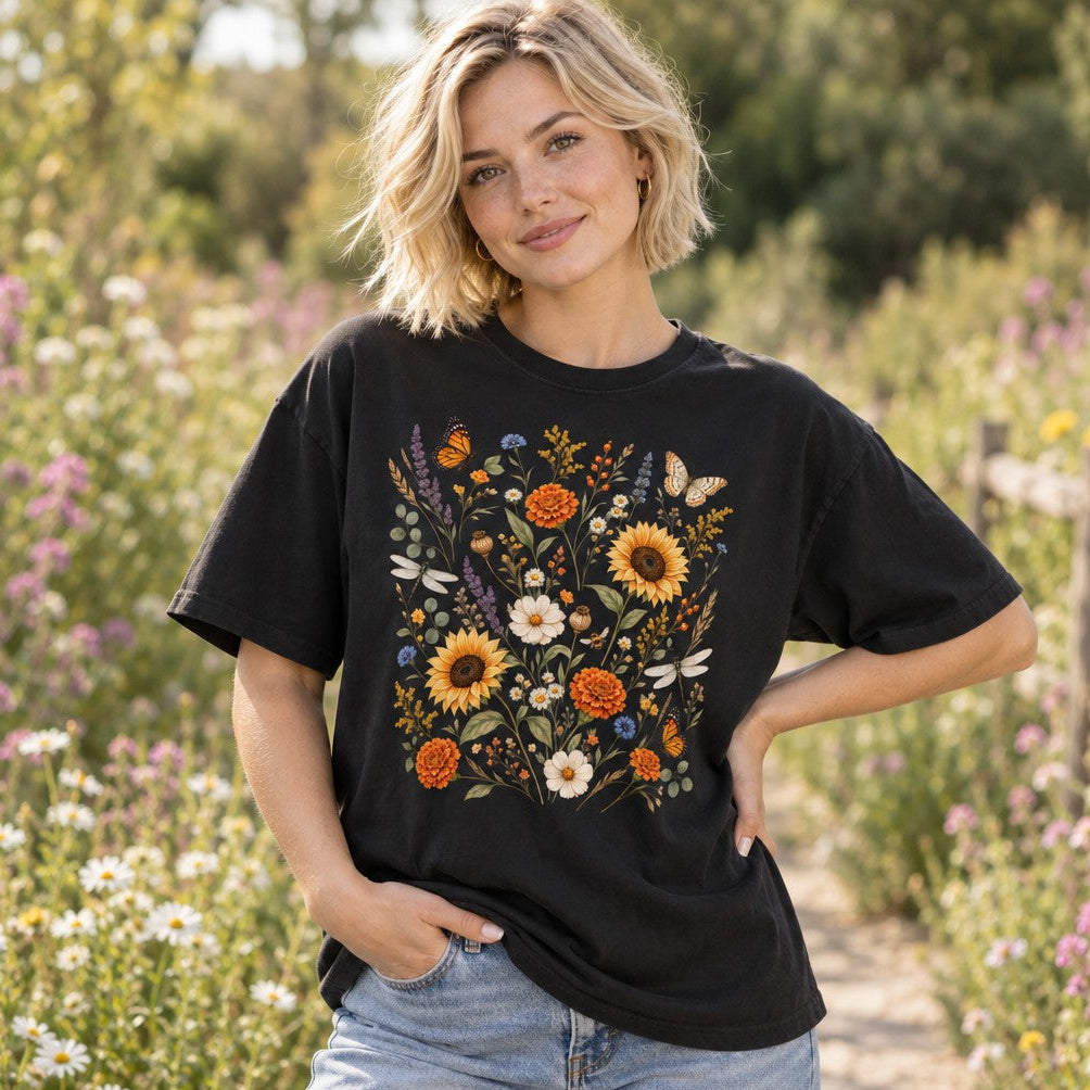 Woman wearing black Comfort Colors 1717 t-shirt featuring a cottagecore-style hand-painted wildflower meadow with sunflowers, marigolds, daisies, lavender, and illustrated butterflies and dragonflies in a soft watercolor palette, outdoors in a floral garden, perfect for botanical art lovers, by Crossroads Dandelion