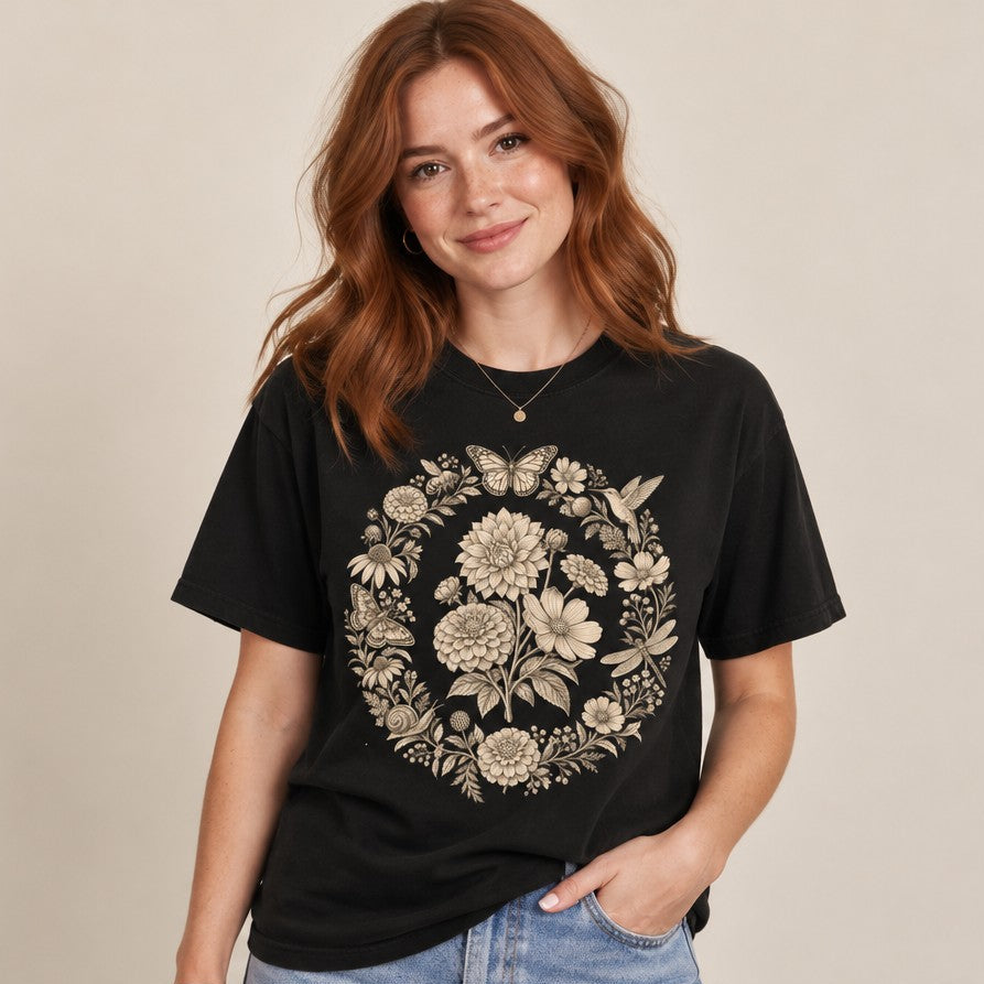 Woman in black Comfort Colors® 1717 t-shirt featuring a sepia-toned antique etching-style wreath with dahlias, zinnias, cosmos, daisies, butterflies, bee, hummingbird, dragonfly, snail and moth, vintage naturalist cottagecore design for gardeners and botanical art lovers, by Crossroads Dandelion