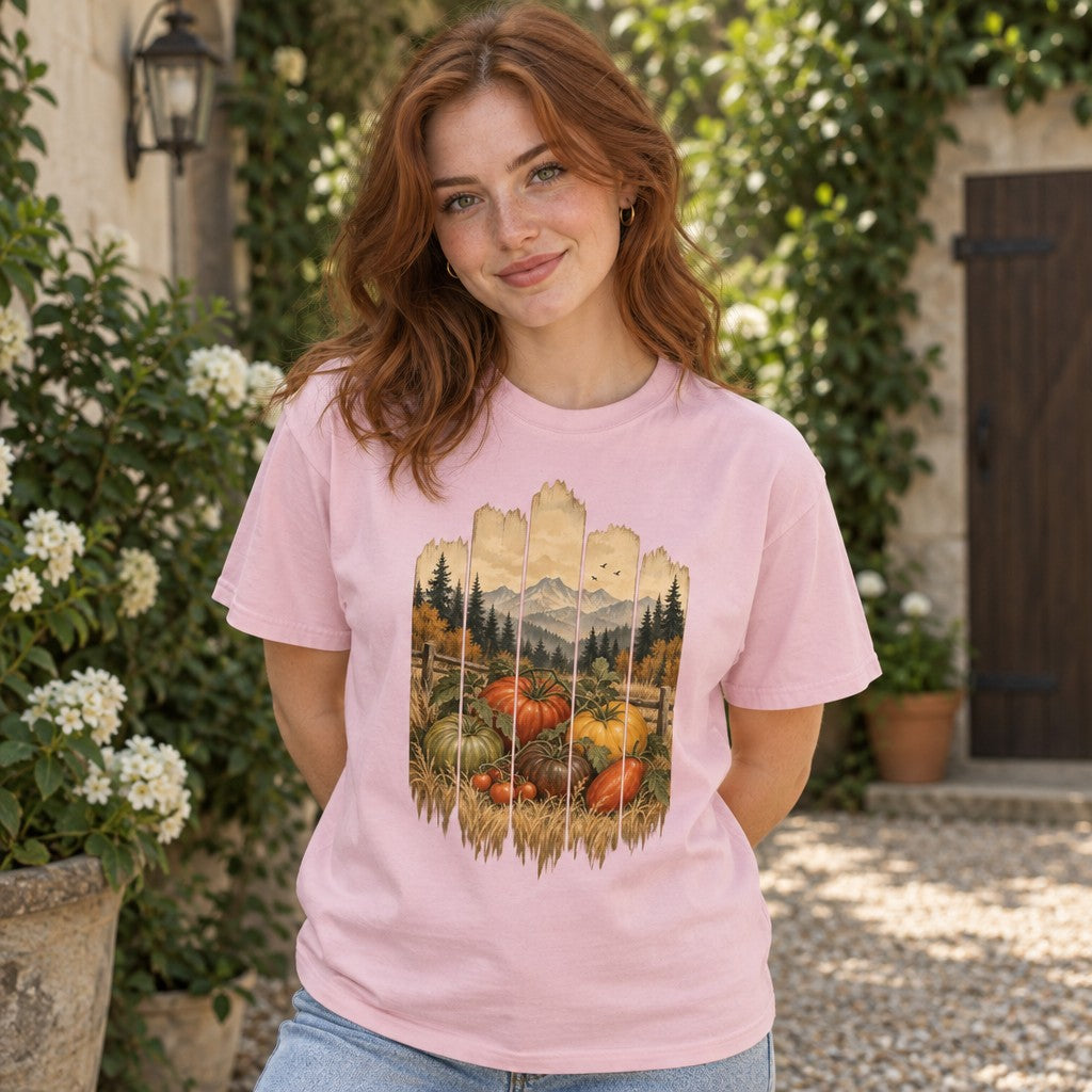 Woman wearing a blossom pink Comfort Colors® 1717 t-shirt with a vintage folk art harvest scene painted on weathered wooden planks featuring heirloom tomatoes, squashes, golden wheat, rustic countryside, and mountain landscape, perfect for autumn gardeners and rustic country lovers, outdoor scene, by Crossroads Dandelion