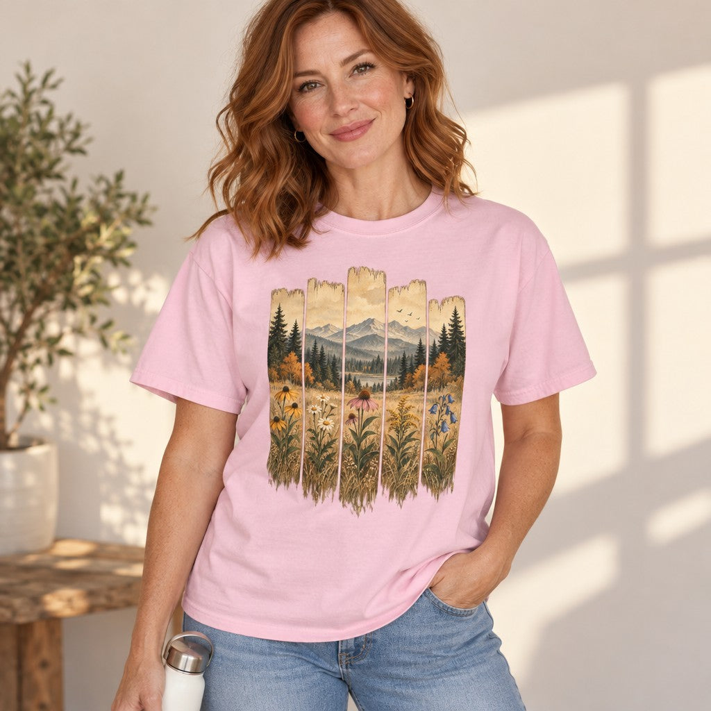 Woman wearing a blossom pink Comfort Colors® t-shirt featuring a vintage-style folk-art landscape printed on weathered plank panels, showcasing wildflowers, golden meadow grasses, an autumn forest, misty blue mountains, and birds in a soft watercolor palette, nature-inspired apparel for gardeners and outdoorsy women, by Crossroads Dandelion