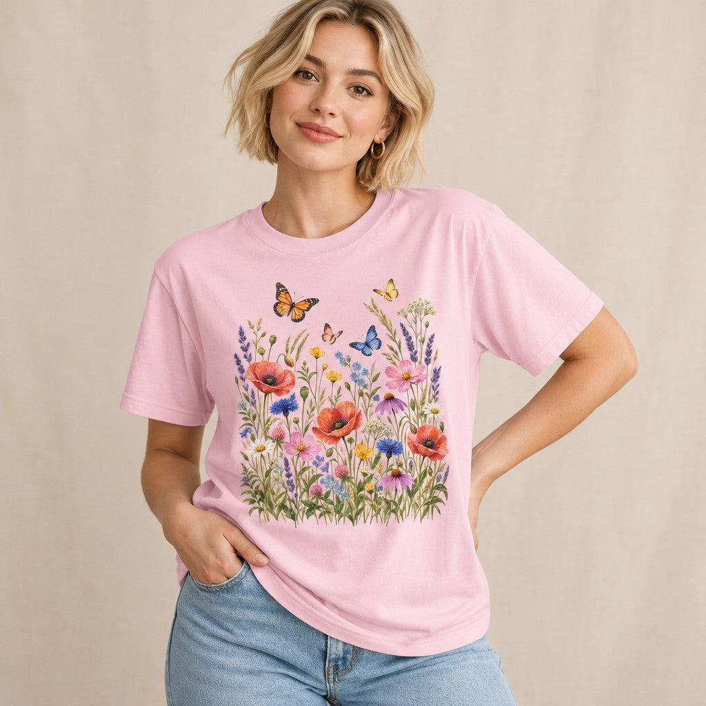 Woman wearing a Comfort Colors® 1717 t-shirt in blossom pink featuring a cottagecore watercolor design of vibrant wildflowers and butterflies, perfect for gardeners and nature enthusiasts, by Crossroads Dandelion