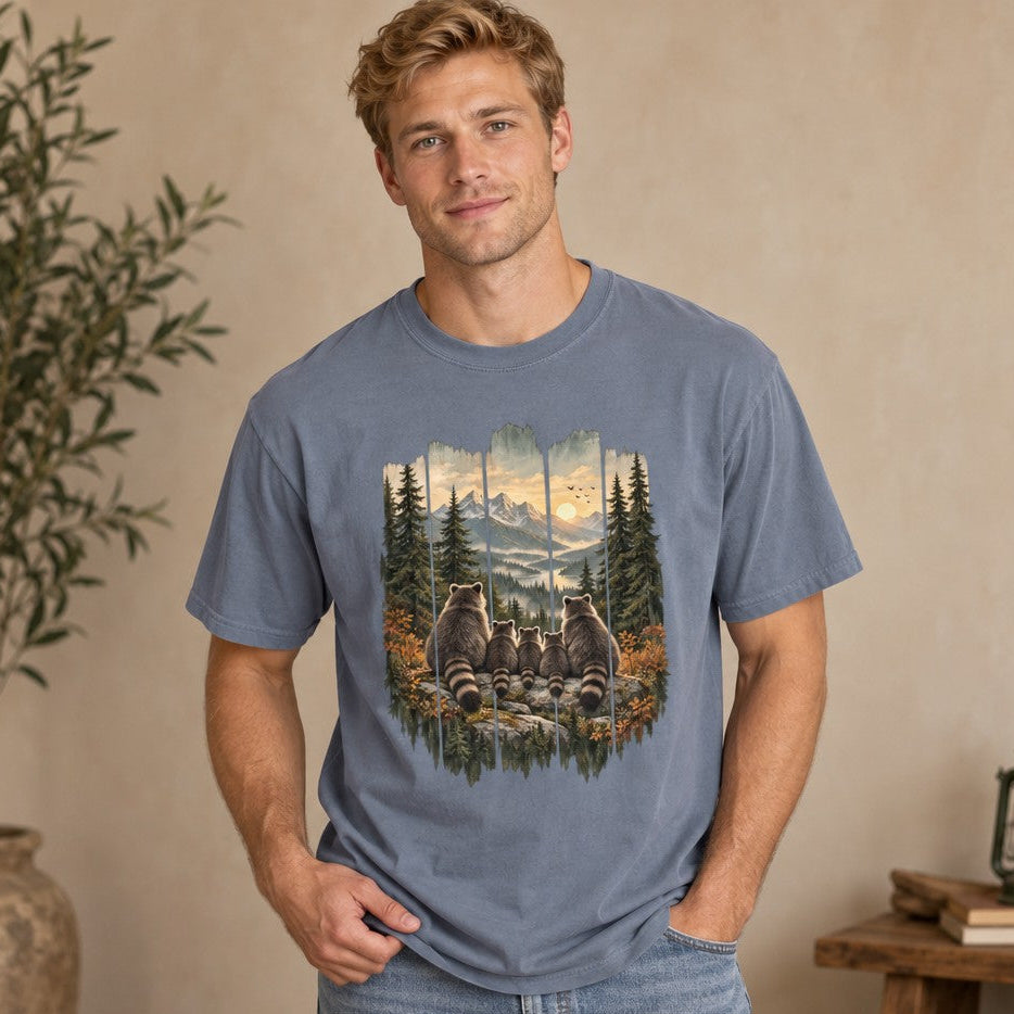 Man wearing a blue jean Comfort Colors® 1717 t-shirt featuring a folk-art painterly raccoon family illustration, rustic woodcut style, autumn mountain valley scene with evergreens, river, sunrise, and gold foliage, perfect for outdoor nature lovers and adventurous families, by Crossroads Dandelion