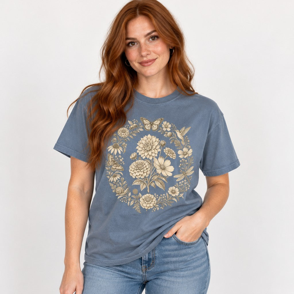 Woman wearing a blue jean Comfort Colors® 1717 t-shirt featuring a vintage sepia-toned etching-style wreath of dahlias, zinnias, cosmos, daisies, butterflies, bee, hummingbird, dragonfly, snail, and moth, nostalgic botanical line art for garden lovers and cottagecore women, by Crossroads Dandelion