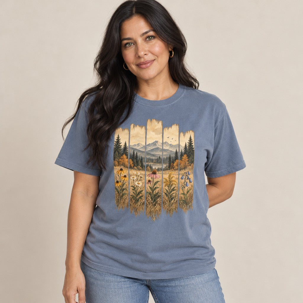 Woman wearing blue jean Comfort Colors® t-shirt featuring a rustic vintage folk-art landscape design with blooming wildflowers, autumn forest, still lake, and distant mountains in warm watercolor tones, nature lover and gardener style, by Crossroads Dandelion