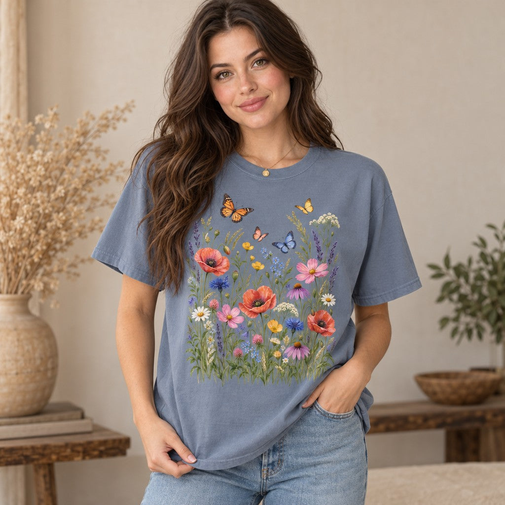 Woman wearing a blue jean Comfort Colors® 1717 t-shirt featuring a watercolor wildflower meadow with red poppies, daisies, cosmos, coneflowers, buttercups, cornflowers, lavender, wild grasses, and butterflies in a detailed botanical style, perfect for gardeners, cottagecore and nature lovers, indoors, by Crossroads Dandelion