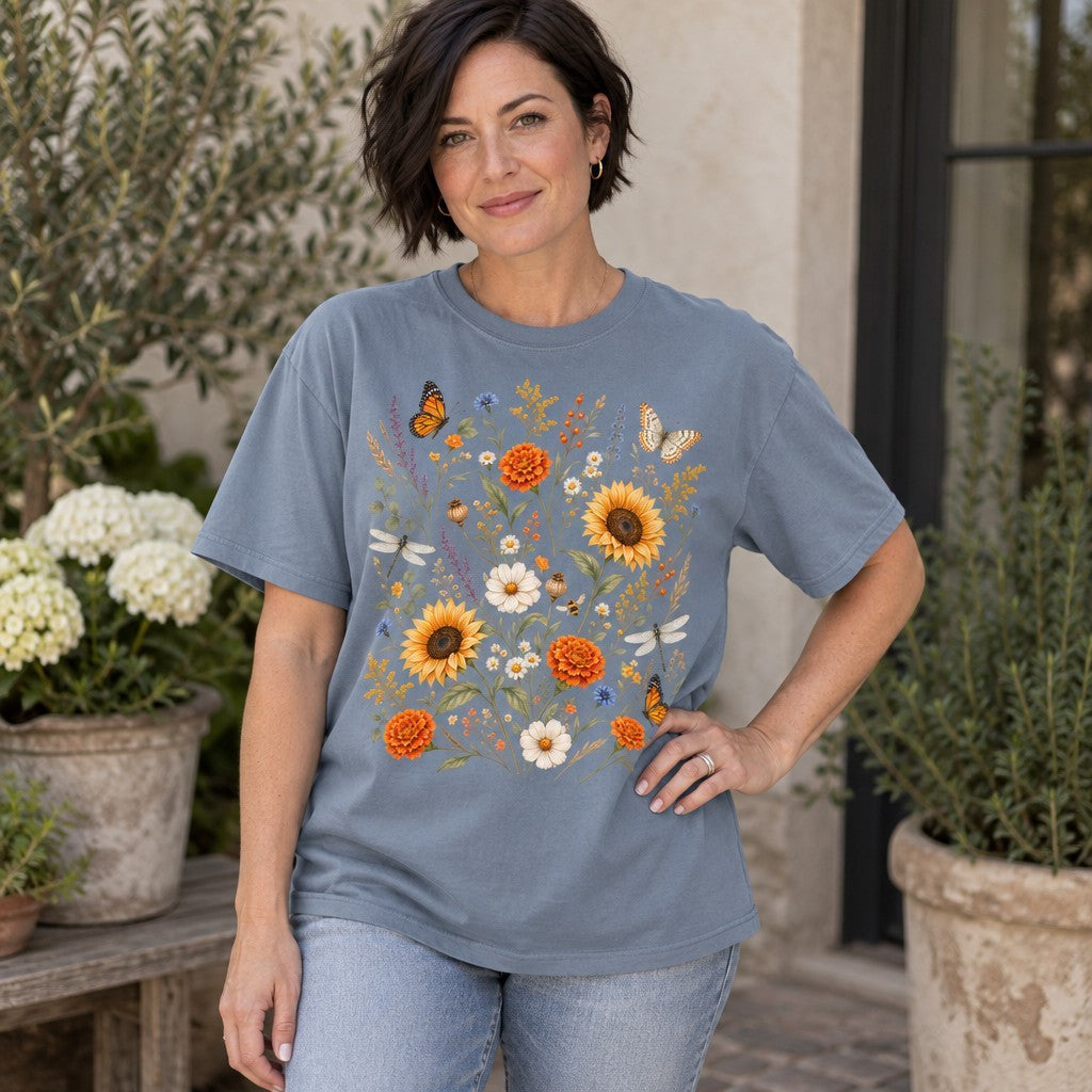 Woman in blue jean Comfort Colors 1717 t-shirt displaying a hand-painted cottagecore wildflower meadow with sunflowers, marigolds, daisies, lavender, butterflies, and dragonflies in a soft watercolor palette, standing on a garden patio, botanical art for women, by Crossroads Dandelion