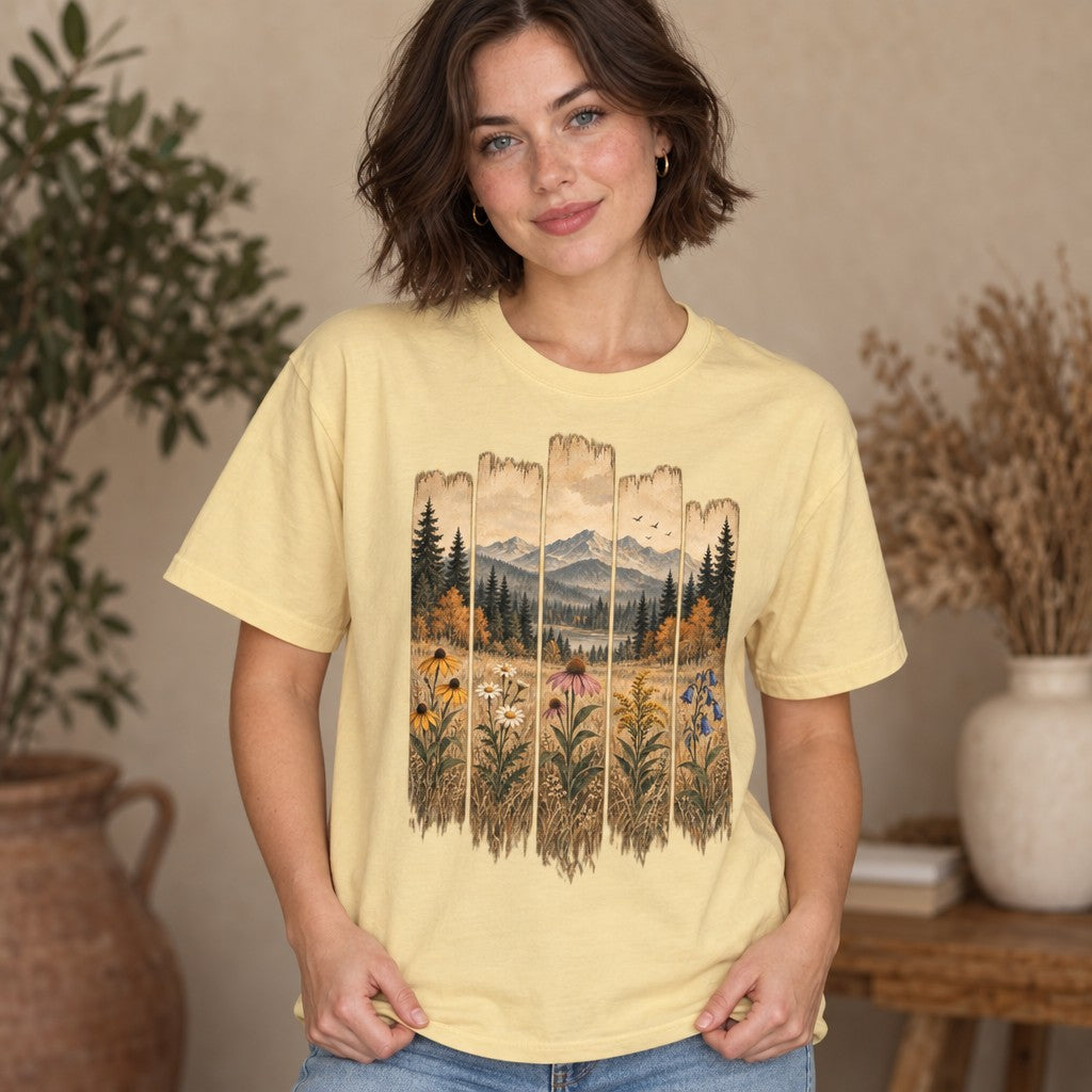 Woman in butter yellow Comfort Colors® 1717 t-shirt featuring a vintage folk-art landscape design painted across wooden plank panels, showcasing wildflowers, golden meadow grasses, autumnal forest, still lake, and misty mountains in warm watercolor-gouache tones, nature lovers and gardeners, by Crossroads Dandelion