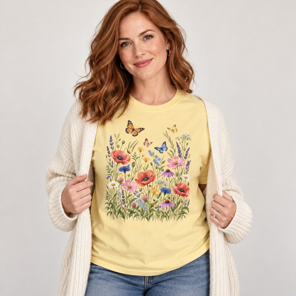 Red-haired woman wearing a butter yellow Comfort Colors® 1717 t-shirt featuring a lush watercolor wildflower meadow design with red poppies, daisies, cosmos, coneflowers, buttercups, cornflowers, lavender, wild grasses, and butterflies, rendered in soft botanical brushwork, cottagecore style for gardeners and nature lovers, by Crossroads Dandelion