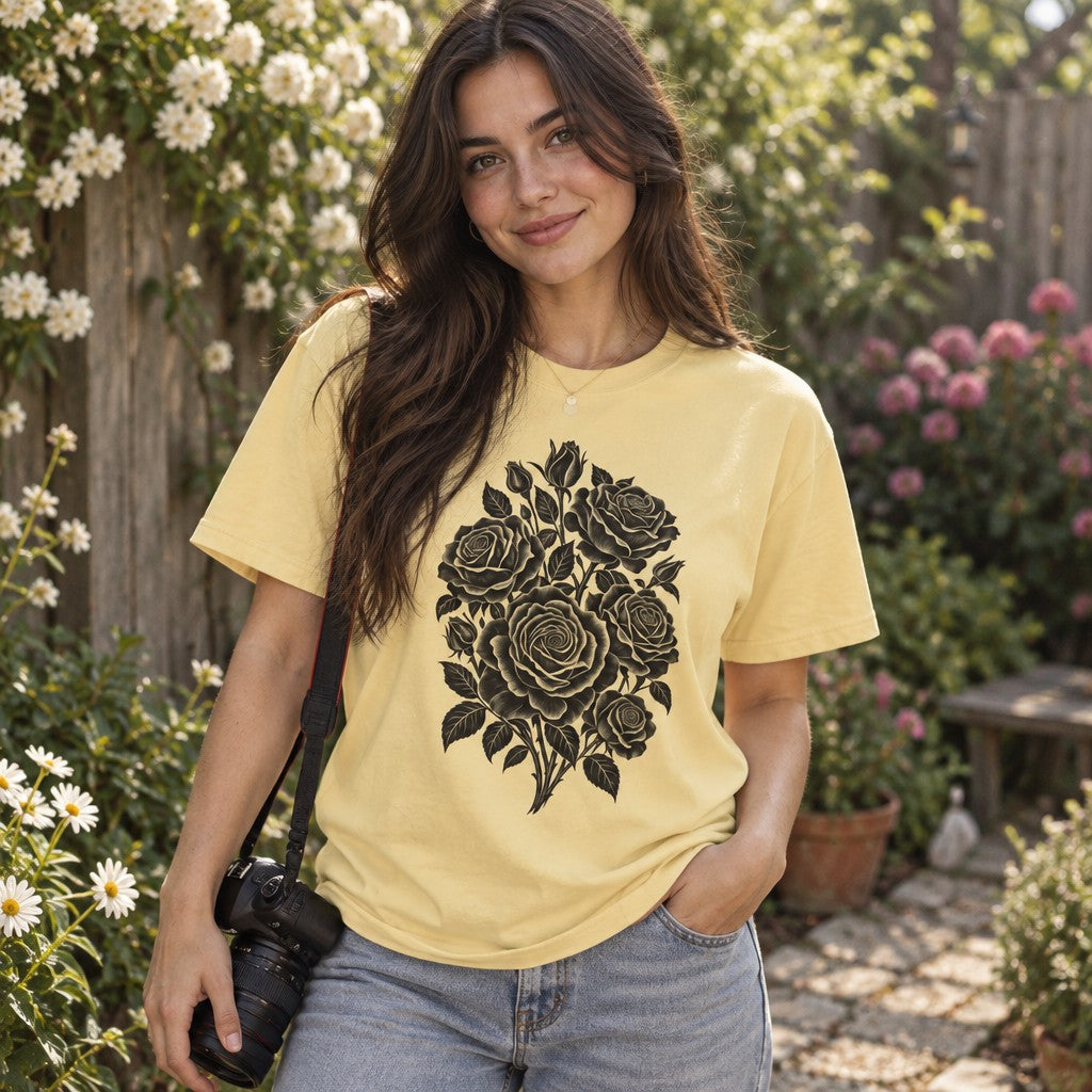 Woman in butter yellow Comfort Colors® 1717 t-shirt featuring a bold black papercut stencil rose bouquet, minimalist floral design, garden setting, for flower lovers and cottagecore enthusiasts, by Crossroads Dandelion