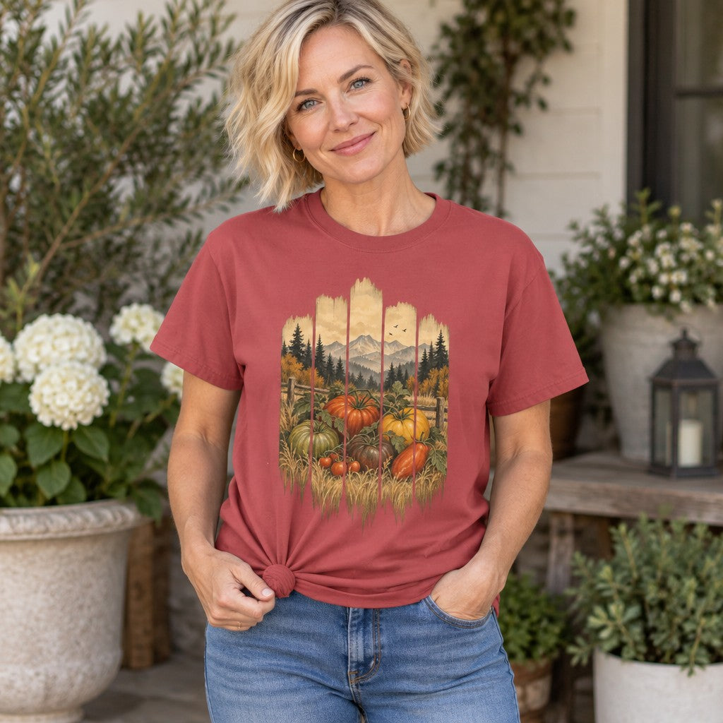 Woman in crimson Comfort Colors® 1717 t-shirt showcasing a vintage folk art harvest scene with heirloom tomatoes, squashes, and wheat on weathered wood planks, set against autumn trees and blue-gray mountains; rustic porch setting, ideal for gardeners and country lovers, by Crossroads Dandelion