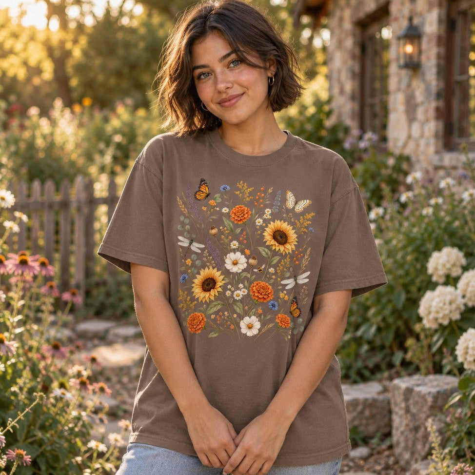 Woman in espresso Comfort Colors 1717 t-shirt featuring a hand-painted vintage wildflower meadow design with sunflowers, marigolds, daisies, lavender, butterflies, and dragonflies in a soft watercolor cottagecore style, standing in a cottage garden, botanical art gift for women, by Crossroads Dandelion