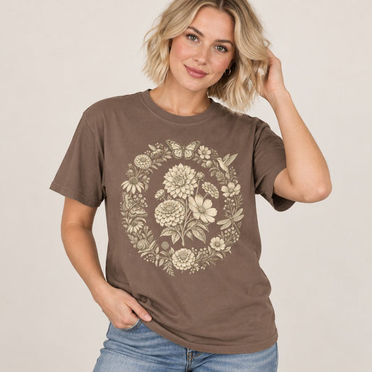 Woman wearing espresso Comfort Colors® t-shirt featuring a sepia vintage etching-style wreath of dahlias, zinnias, cosmos, and daisies, with butterflies, bee, hummingbird, dragonfly, snail, and moth, hand-drawn botanical design for gardeners and cottagecore lovers, by Crossroads Dandelion