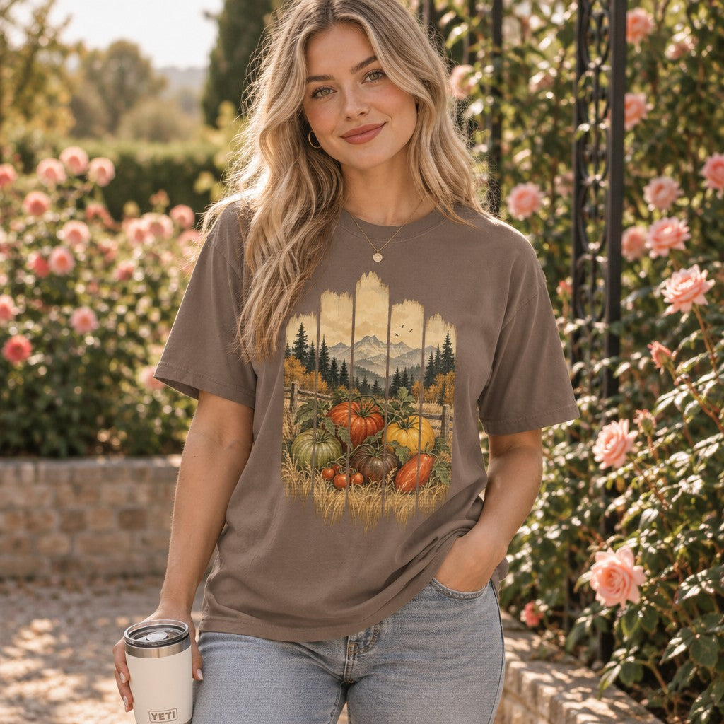 Woman wearing an espresso Comfort Colors® 1717 t-shirt with a vintage folk art harvest scene featuring heirloom tomatoes, squashes, golden wheat, evergreens, and autumn trees before mountains, perfect for rustic garden and autumn lovers, by Crossroads Dandelion