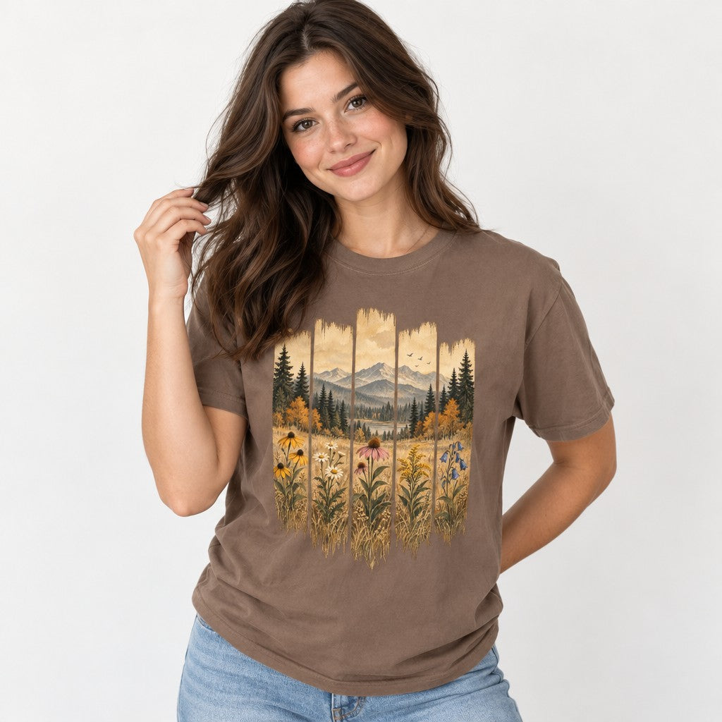 Woman wearing an espresso Comfort Colors® 1717 t-shirt featuring a vintage folk-art landscape of wildflowers, a forest, lake, and blue mountains in warm watercolor tones, for gardeners and nature lovers, by Crossroads Dandelion