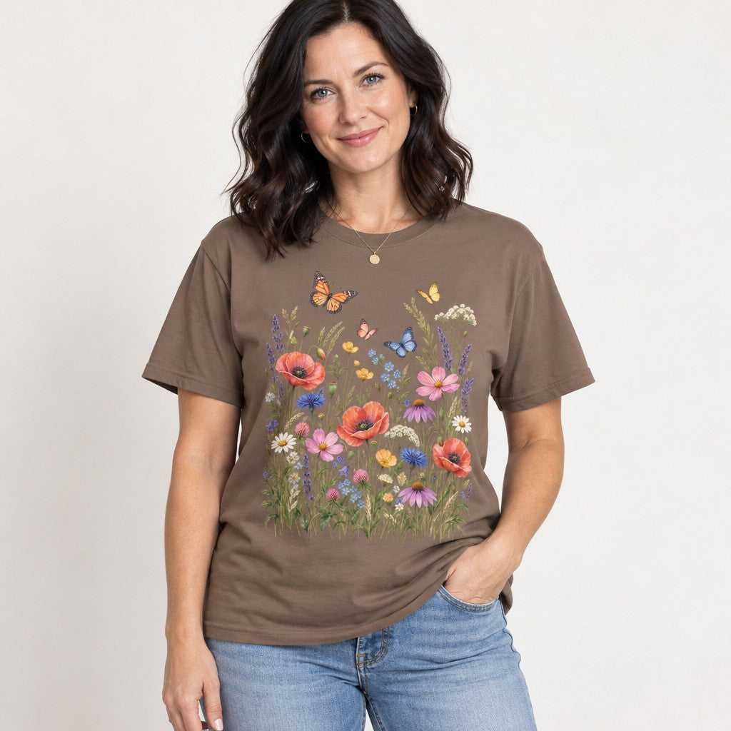 Woman wearing an espresso Comfort Colors® 1717 t-shirt with a lush watercolor wildflower meadow design featuring red poppies, daisies, cosmos, coneflowers, buttercups, blue cornflowers, lavender, wild grasses and fluttering butterflies, botanical floral art for gardeners and nature lovers, by Crossroads Dandelion