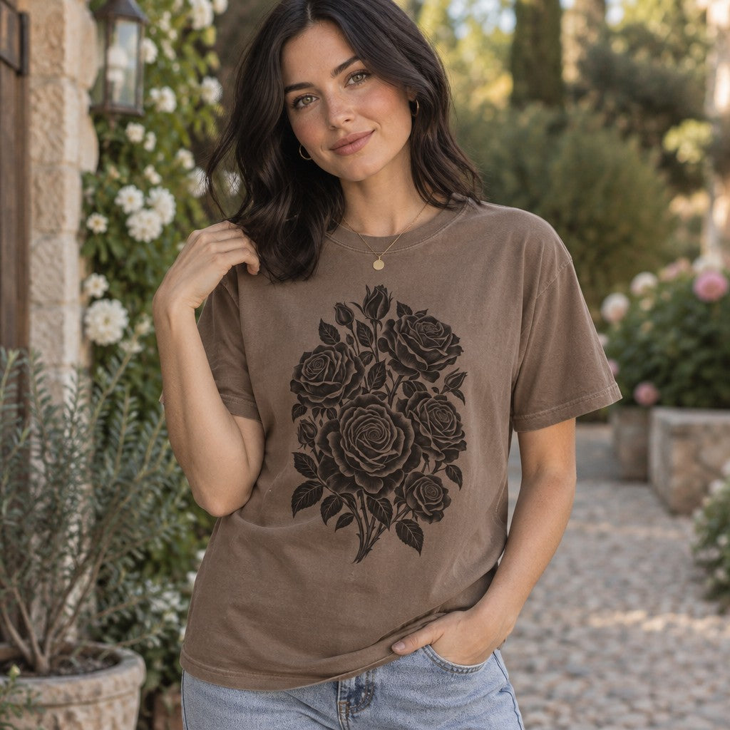 Woman in espresso Comfort Colors® 1717 t-shirt featuring bold black papercut stencil rose bouquet design, minimalist botanical art style, garden setting, perfect for gardeners, flower lovers, and women who appreciate classic romance, by Crossroads Dandelion