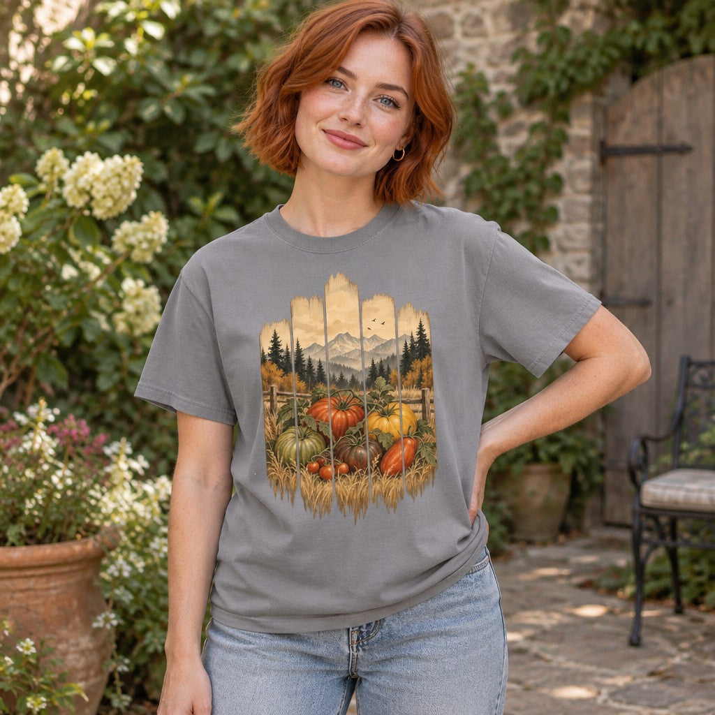 Woman in grey Comfort Colors® 1717 t-shirt with a vintage folk art autumn harvest scene featuring heirloom tomatoes, squashes, and wheat before mountains under a calm sky, cozy rustic country garden design, ideal for women and gardeners, by Crossroads Dandelion