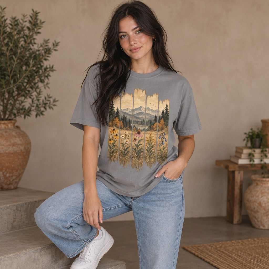 Woman in grey Comfort Colors® t-shirt featuring a rustic vintage folk-art landscape design painted across five weathered wooden planks with wildflowers, autumn forest, lake, and misty blue mountains in warm watercolor tones, relaxed indoor setting, perfect for gardeners and nature lovers, by Crossroads Dandelion