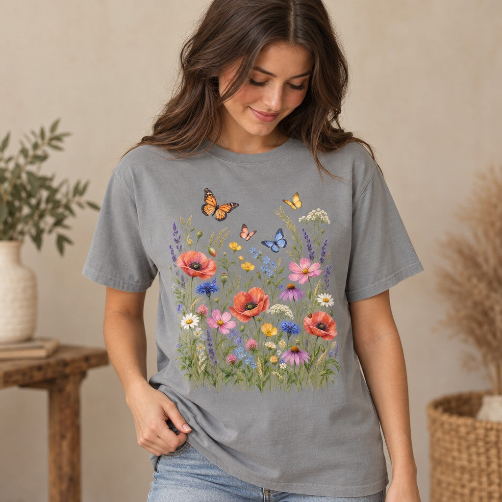 Woman in grey Comfort Colors® 1717 t-shirt featuring a cottagecore watercolor wildflower meadow with red poppies, daisies, cosmos, coneflowers, buttercups, cornflowers, lavender, wild grasses, and butterflies in a soft botanical palette, styled for gardeners and nature lovers, by Crossroads Dandelion