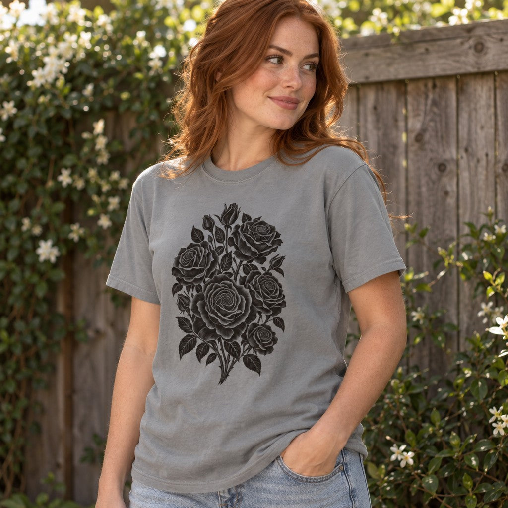Woman wearing a grey Comfort Colors® 1717 t-shirt with a bold black silhouette rose bouquet design in a minimalist papercut stencil style, posing in a backyard garden, perfect for gardeners and botanical art lovers, by Crossroads Dandelion