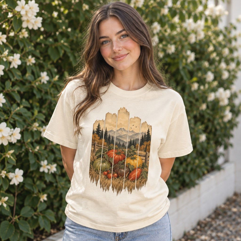 Woman wearing an ivory Comfort Colors® 1717 t-shirt featuring a vintage folk art autumn harvest scene painted on weathered wooden planks with heirloom tomatoes, squash, wheat, rustic fence, orange and evergreen trees, distant mountains and birds, cozy rustic country gardening style for women, by Crossroads Dandelion