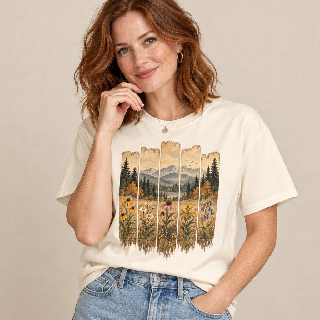 Woman wearing an ivory Comfort Colors® tee featuring a vintage folk-art landscape with wildflowers, autumn meadow, blue mountains, and birds across five wooden planks, rustic watercolor-gouache style for nature and garden lovers, by Crossroads Dandelion