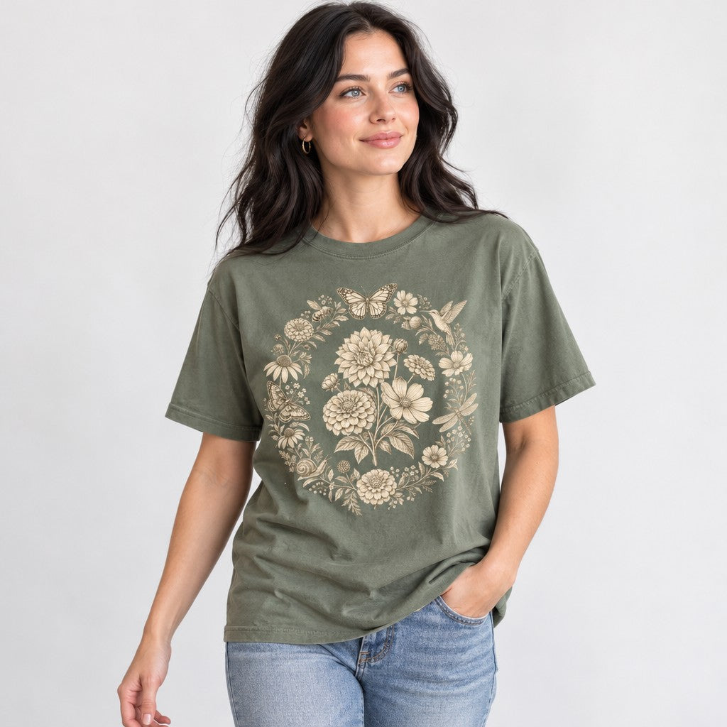 Woman wearing a moss green Comfort Colors® 1717 t-shirt featuring a sepia-toned antique etching-style wreath of dahlias, zinnias, cosmos, daisies, butterflies, bee, hummingbird, dragonfly, snail, and moth in a vintage naturalist sketch style, perfect for botanical art lovers, gardeners, and cottagecore fans, by Crossroads Dandelion