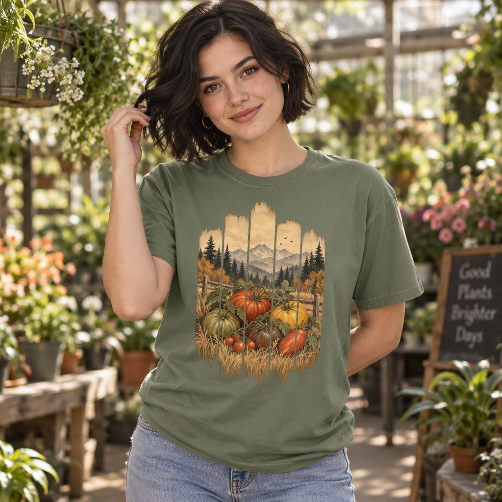 Woman wearing moss green Comfort Colors® 1717 t-shirt featuring a vintage folk art harvest design with heirloom tomatoes, squashes, golden wheat, evergreens, and autumn trees against weathered wooden planks, cozy autumn rustic countryside style, in a greenhouse, perfect for gardeners and fall lovers, by Crossroads Dandelion