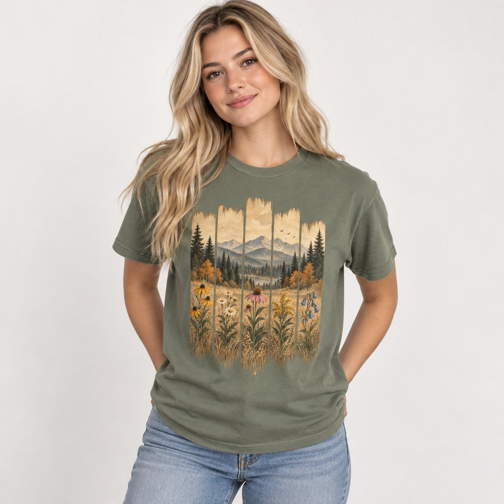 Woman wearing a moss green Comfort Colors® t-shirt featuring a vintage folk-art landscape design with wildflowers, autumn forest, lake, and blue mountains painted across weathered plank panels, rustic watercolor for gardeners and nature lovers, by Crossroads Dandelion