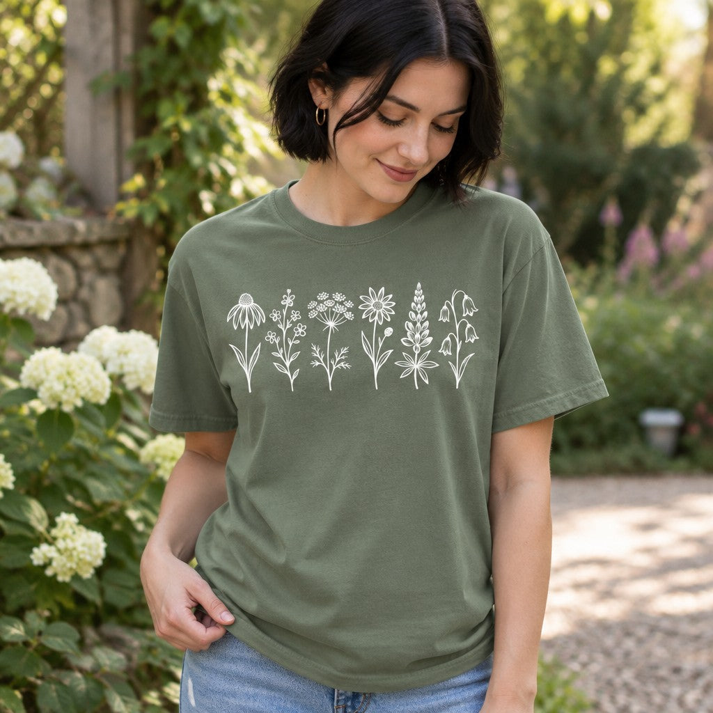 Woman wearing moss green Comfort Colors® 1717 t-shirt with delicate white line art of eight garden flowers including coneflower, daisy, and lavender, in a cottage garden, perfect for botanists and gardeners, cottagecore and vintage botanical design, by Crossroads Dandelion