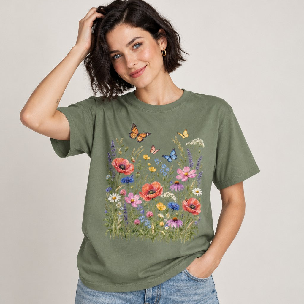Woman in moss green Comfort Colors® 1717 t-shirt with a cheerful watercolor wildflower meadow design featuring poppies, daisies, cosmos, coneflowers, buttercups, cornflowers, lavender, wild grasses, and drifting butterflies, cottagecore and botanical style, perfect for gardeners and nature lovers, by Crossroads Dandelion