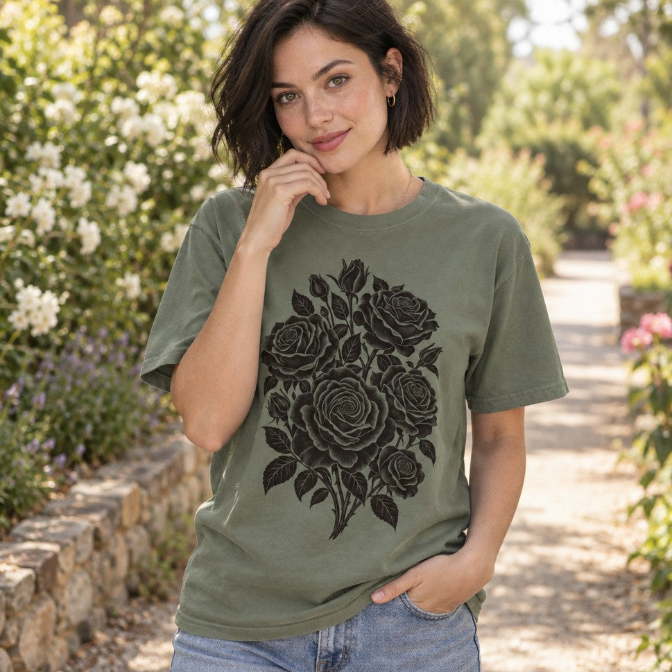 Woman in moss green Comfort Colors® 1717 t-shirt featuring a bold black silhouette rose bouquet in papercut stencil style, minimalist floral design, outdoors garden path, for women and botanical art lovers, by Crossroads Dandelion