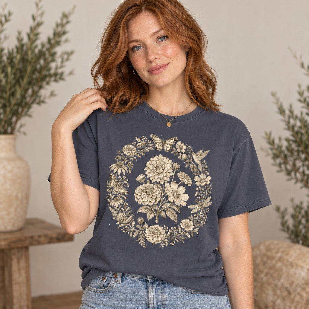 Woman wearing a navy Comfort Colors® t-shirt with a sepia-toned, antique etching-style wreath of dahlias, zinnias, cosmos, and daisies surrounded by butterflies, bee, hummingbird, dragonfly, snail, and moth, vintage hand-drawn botanical design, ideal for gardeners, nature lovers, and cottagecore enthusiasts, indoor plant-filled setting, by Crossroads Dandelion