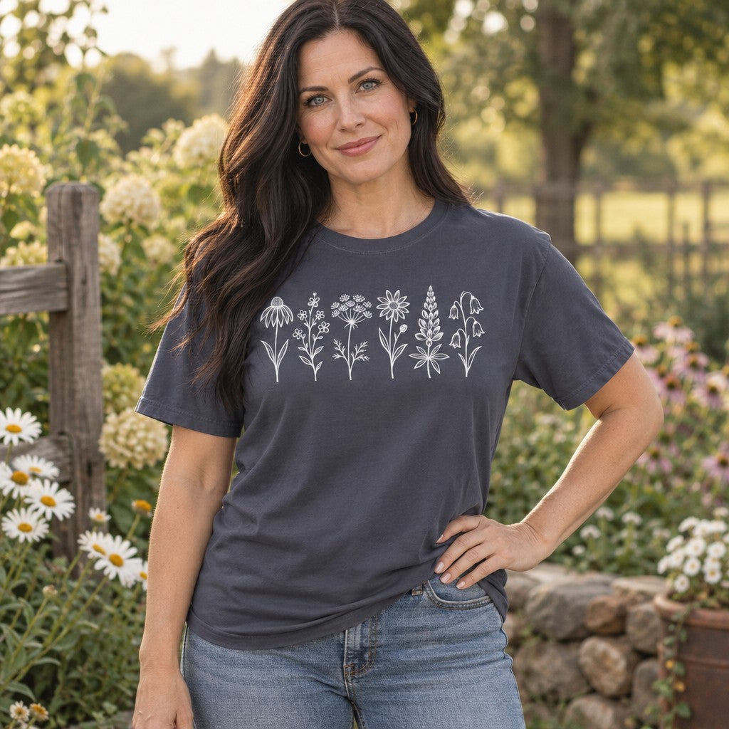 Woman wearing a navy Comfort Colors® 1717 t-shirt with delicate white line art of eight garden flowers including coneflower, daisy, and lavender in vintage botanical engraving style, natural garden setting, for gardeners and botanical art lovers, by Crossroads Dandelion