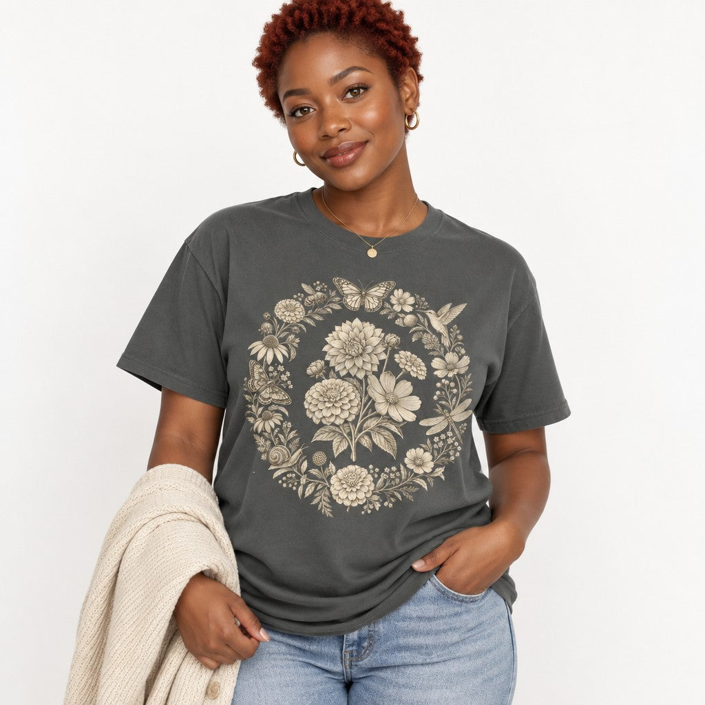 Woman wearing a Comfort Colors® 1717 pepper t-shirt with a vintage-style sepia etching wreath featuring dahlias, zinnias, cosmos, daisies, butterflies, bee, hummingbird, dragonfly, snail, and moth, ideal for gardeners and botanical art lovers, cottagecore and nostalgic naturalist style, by Crossroads Dandelion