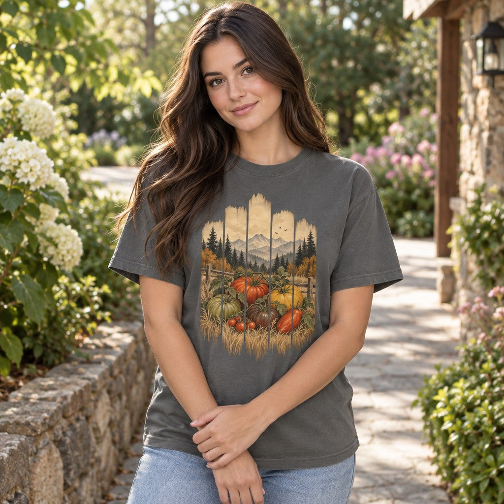 Woman in pepper Comfort Colors® t-shirt featuring a vintage folk art harvest scene with heirloom tomatoes, squashes, wheat, and rustic wooden planks with autumn trees and mountains, outdoor garden lovers, cozy country style, by Crossroads Dandelion