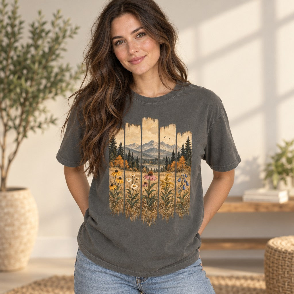 Woman in pepper Comfort Colors® 1717 t-shirt featuring a vintage folk-art landscape of wildflowers, autumn meadow, forest, lake, and mountains in warm watercolor tones, cozy indoor setting, perfect for nature lovers and gardeners, by Crossroads Dandelion
