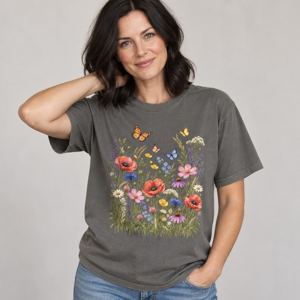 Woman in pepper Comfort Colors® t-shirt featuring a cottagecore watercolor wildflower meadow with red poppies, daisies, cosmos, coneflowers, buttercups, cornflowers, lavender, wild grasses, and butterflies, perfect for gardeners and nature lovers, by Crossroads Dandelion