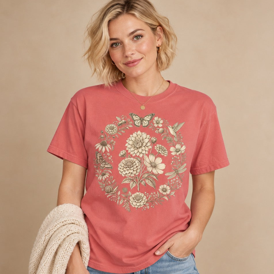 Woman wearing a watermelon Comfort Colors® 1717 t-shirt featuring an antique sepia etching-style wreath of dahlias, zinnias, cosmos, and daisies with butterflies, bee, hummingbird, dragonfly, snail, and moth, vintage cottagecore botanical field journal design, ideal for gardeners and botanical art lovers, by Crossroads Dandelion