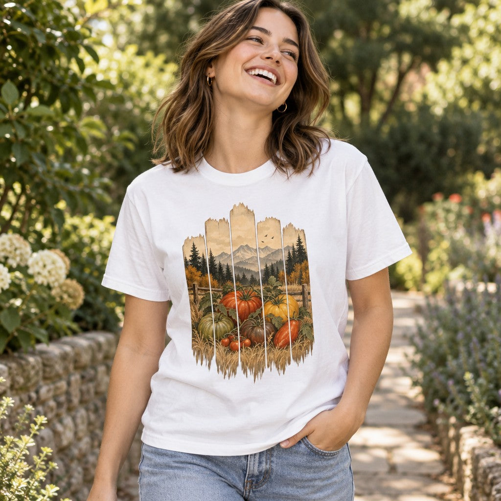 Woman wearing a white Comfort Colors® 1717 t-shirt with a vintage folk art harvest design featuring heirloom tomatoes, squashes, golden wheat, and a rustic split-rail fence, set against mountains and autumn trees on weathered wooden planks, perfect for gardeners and rustic country lovers, by Crossroads Dandelion